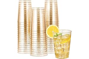 Bukuhlio Lot de 50 gobelets en Paillettes d'or - 280 ml - Réutilisables - Élégantes - Pour fête, champagne, bière, cocktail, martini, soda et dessert (9,5 x 7,5 cm)