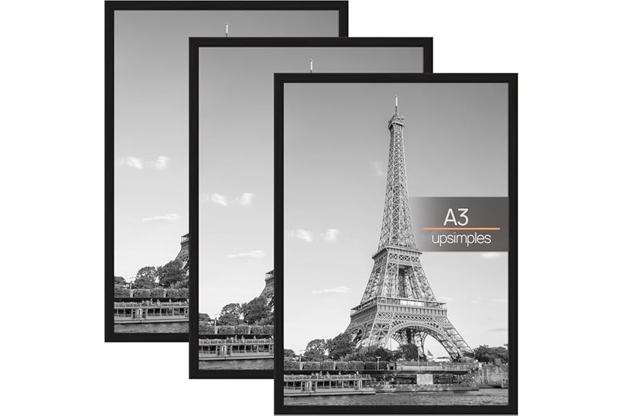 upsimples 3 Pack A3 Picture Frame, A3 Picture Frame Black for Photo Gallery - Slide-In Strips, Horizontal or Vertical Wall Mounting