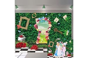 TENCOW Wonderland Tea Party Toile de Fond Feuille Verte Échiquier Lapin Wonderland Photography Background Petite Princesse Fille Enfant bébé Douche fête d'anniversaire décoration Fournitures 210x150cm