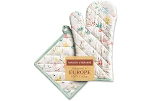 Maison d' Hermine Colmar 100% Coton Ensemble de Gants de Four de (19cm x 33cm) et maniques de (20cm x 20cm), 100% Coton, pour Barbecue, Cuisson, Four, Micro-Ondes, grillades, Printemps/Été, Pâques