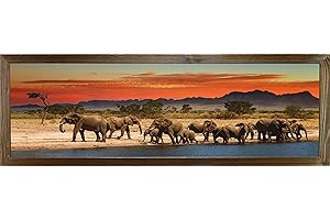 POSTERGALERIA Cuadro en marco, póster moderno de pared artístico, varios temas 35 x 100 cm (elefantes al atardecer)