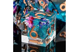 ARUOHHA DND Lot de 7 dés en résine bleu translucide à bords pointus avec inclusions de feuilles et fleurs D&D Dice Donjons et Dragons Jeu de rôle RPG Fait à la main avec boîte D20 D12 D10 D8 D6 D4