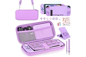 Younik Switch Zubehör Bundle, 17 in 1 Switch Zubehör Kit für Mädchen Enthalten Switch Tasche, Verstellbarer Ständer, Schutzhülle für Switch Konsole & J-Con(Violett)