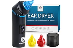 Medi Grade Portabel Örontork – Varmluft med lugnande rött ljus, justerbar temp och luftflöde – laddningsbar örontork med skyddshättor – använd efter simning eller dusch för att få ut vatten ur örat