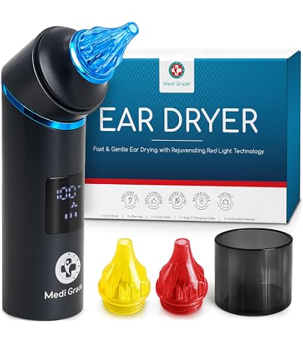 Sèche-oreilles électrique Portable - Lumière Rouge + Air Chaud - 3 Embouts - Pour Après Douche, Natation, Sports Nautiques - 11