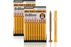 LEDSONE 50 Pcs X 2Pack Wall Plugs and Screws Set 8 x 80mm Masonry Self Tapping Screws Expansion Pipe Anchor Bolts M6/M8/M10 Heavy Duty Wood Screw and Wall Plugs Kit for Brick, Concrete, Masonry, Drywall