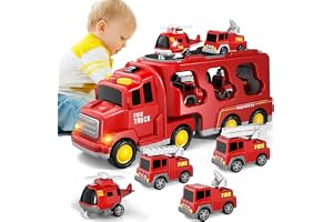 Masroo Toddler Carrier Truck Transport Vehicles Toys - 5 in 1 Toys for 3 4 5 6 7 Year Old Boys, Kids Toy Cars for Toddlers 1-3, Friction Power Set for Kids 3-9, Christmas for 3+ (5 in 1 Fire Truck)
