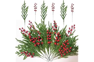 ‎JADEUNM Jadeunm 45 Stück Tannenzweige Künstlich Wie Echt,Weihnachten Kiefernzweige mit Rote Beeren Zweige Künstlich Norfolk Tannenzweige Tannengrün Deko für DIY Adventskranz Girlande Winter Deko