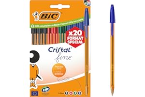 BIC Cristal Original Stylos-Bille Pointe Fine (0,8 mm) - Couleurs Assorties, Corps Orange, Boîte de 20