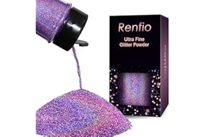 Renfio Polvere glitter olografica ultra fine in resina metallizzata, 60 g, fiocchi di PET da 0,2 mm, per bicchieri e slime, colore: viola chiaro laser