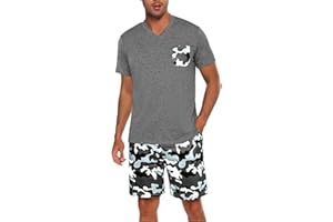 Marvmys Pigiama Uomo Estivi Corto Cotone Leggero Pigiami Due Pezzi Scollo a V Maniche Corte T-Shirt con Tasca sul Pettoe Pantaloncini Mimetici S-3XL
