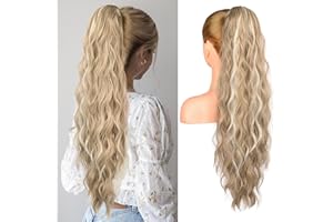 Brikabia Blonde Ponytail Extension, 26" Zopf Extension Pferdeschwanz Strandwelle Kordelzug Haarverlängerung Synthetisches Pferdeschwanz Clip in Haarteil für Frauen, Aschblond mit Highlights