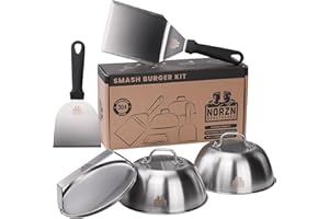 Norzn Brothers® Kit Smash Burger – Smasher à Hamburger, 2 Cloches avec Fenêtre Transparente, Spatule Plancha et Spatule Auxiliaire. Acier Inoxydable 304, Certifié Contact Alimentaire, Garantie 10 Ans