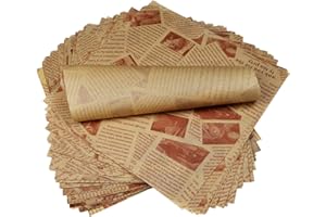 AWCIGG® 200 Feuilles Papier Ciré, 25 x 25cm Papier D'emballage Alimentaire pour La Cuisson, Style Journal Vintage, Papier Sulfurisé pour Camping Frites Burger Pizza Pain Sandwich