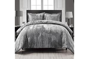 Fredsure Crinkle Velvet Decke Bettdecke Comforter Set, 3 Stück Grey King, Crinkle Velvet Face and Brushed Microfiber Reverse