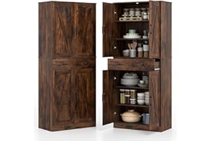 TANGZON 183cm Tall Kitchen Cupboard, 6-Tier Storage Cabinet with Adjustable Shelves, Drawer, 4 Doors & Anti-tipping Device, Wooden Tall Sideboard Unit for Pantry Dining Living Room (Rustic Brown)