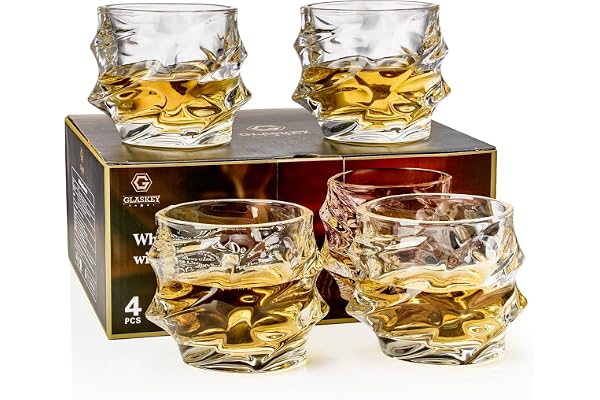 GLASKEY Whiskyglas i Kristall Set med 4, 350ml Unika Cognacsglas, Barglas med Tjock Botten för Scotch Bourbon Rum Gin Vatten Cocktail,Gåvor Män Presentidéer