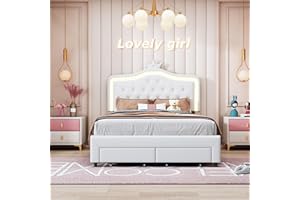 BLSYHDH Letto per bambini, Letto imbottito 140x200 cm per Bambini LEtto imbottito per bAmbini Corona da principessa con LED LeTto singolo con testiera e rete a doghe LettO per ragazze con cassetto