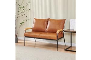 LEMROE Divani 2 Posti Moderno in Pelle con Struttura in Metallo e Braccioli in Legno per Soggiorno Camera degli Ospiti Ufficio (Marrone chiaro, 2 posti)