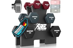 RE:SPORT® Hantel-Set 3 Paar, 1kg - 5kg, 12kg oder 18kg mit Ständer & 3x Fitnessbänder | Rutschfeste Neopren Kurzhanteln für Damen & Herren | Hanteln Hantelset