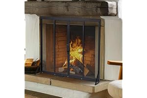 ‎COSTWAY COSTWAY Funkenschutzgitter mit Schiebetüren, 89 x 72 cm, Kaminschutzgitter Metall, Kaminfunkenschutz freistehend, Kamin Funkenschutz Kamingitter schwarz