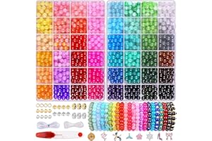 Comius Sharp 1200 cuentas de cristal de 8 mm, perlas de cristal para pulseras, 48 colores perlas de vidrio para manualidades, con tijeras, cordón de goma, para la fabricación de joyas, pulseras y
