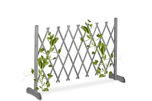Relaxdays Rankgitter Holz, ausziehbar bis 185 cm, Rankhilfe Kletterpflanzen, Scherengitter freistehend, Garten, grau