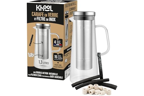 KHOOL - Kit Carafe filtration de l'eau en Verre et Inox + Bâtons Charbon de Bambou et Perles de Céramique - Purifie & améliore le goût de l’eau - Alternative Écologique - Origine France - 1L