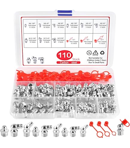 Set 115 Raccordi Per Ingrassatore – Zerk Dritti, 45° E 90°, Filettature M6 M8 M10, In Custodia Plastica - 3