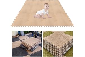 TSLBW 12Pcs Foam Play Mat 30x30x1cm Puzzle Play Mats Floor for Kids Soft Plush Interlocking Foam Mat Set with Edges for Floor Protection Yoga Fitness Workout Mats kids Play Mats (Khaki)