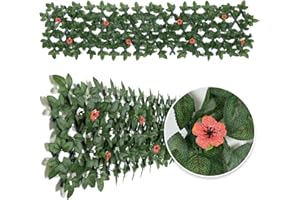 REOVE Expandable Garden Fence Panels - Privacy Screen with Faux Ivy & Flower - 200x30cm (Red Flower)