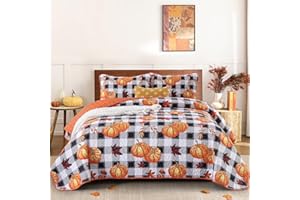 Anibedding Herbst-Patchwork-Steppdecke, Queen-Size-Größe, weiche Kürbisse, Ahornblätter, Thema-Tagesdecke mit 2 Kissenbezügen, für Halloween, Thanksgiving, Schlafzimmer, Wohnzimmer
