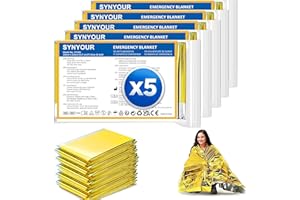SYNYOUR Couverture de Survie 5 Pièces, Couverture Survie Réutilisable, Or Argenté, 210×160cm, pour Randonnée Survie Premiers Secours Marathons Voiture, Robuste Indéchirable Imperméable