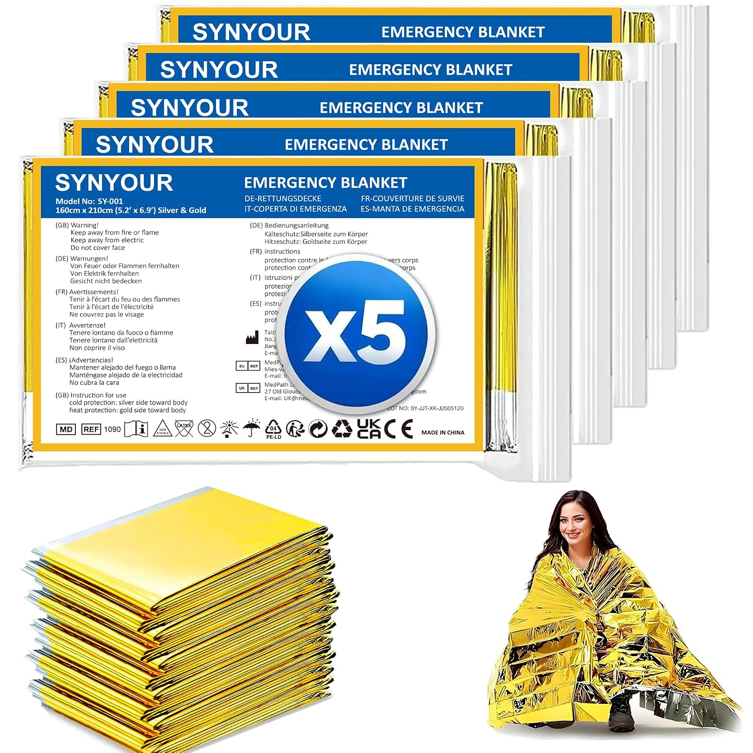 SYNYOUR 5-delige survivaldeken, herbruikbaar, zilvergoud, 210 x 160 cm, voor wandelen, survival, eerste hulp, marathons, auto, robuust, scheurvast, waterdicht