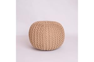 EXQUIZIT HOME® Knitted Round Pouffe Foot Stool Ottoman – Large 100% Cotton Chunky Hand-Knit Pouf with Polystyrene Beads Filling – Soft & Comfortable Footrest and Occasional Seating, 50cm (Tan)