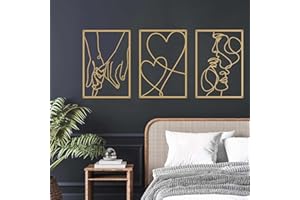 ESTART 3 Pieces Metal Minimalist Line Wall Art, Valentine's Day Lover Kiss Hand Metal Wall Decor, Aesthetic Modern Home Hanging Wall Art Decor for Bedroom Bathroom Living Room (Gold)