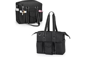 Damero Tote Bag for Women, Teacher Utility Tote Bag with Laptop and Multiple Pockets, Teacher Travel Bag School Bag with Zip-Top Closure and Side Fasten Snaps, Black