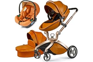 Poussette combinée hot mom tout en brun avec siège auto, berceau et siège poussette 3 en 1 poussette, avec siège auto, berceau et poussette