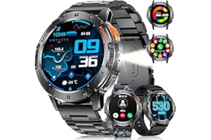 LIGE Męski smartwatch (3 paski), połączenie Bluetooth / lampa LED, ekran AMOLED 1,43", wodoszczelność IP68, 100 trybów sportowych, do użytku na zewnątrz do systemów iOS i Android, stal czarna/moro