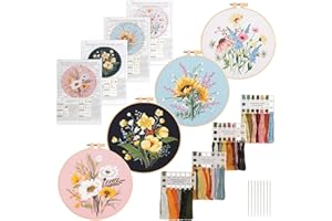 UXORSN 4 Piezas Kit Inicio Bordado para Principiantes Bordar a Mano con Patrones de Florales e Instrucciones Aros de Bordado Hilos de Colores Agujas Kit de Práctica de Puntadas de Bordado para Adultos
