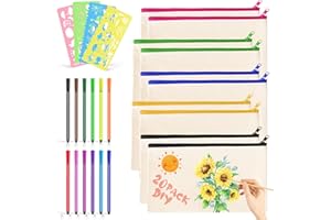 PLAPOT Leinwand Federmäppchen zum Bemalen,10 Stück DIY Blanko Stoffbeutel Stoffbeutel Mäppchen zum Bemalen mit 12 Buntstift,4 DIY Malschablonen