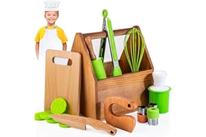 WOODMAM Kids Cooking & Baking Set with Storage Case, Montessori Kitchen Tools Set for Toddlers with Chef Hat, Apron,Toddler Safe Knife, Mold & More, Real Kitchen Utensils for Junior Chef