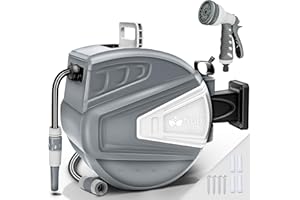 tillvex Carrete para Manguera de agua 15+2m con soporte de pared | Enrollador de manguera con pistola manual y manguera de jardín | Caja de manguera para pared con enrollado automático