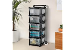 Kuber Industries 5 Layer Heavy Duty Plastic Storage Drawer with Wheels Modular Cabinet for Bedroom, Office, Home Chest of Drawers Organiser for Cosmetics, Kitchen items, Toys Transparent Black