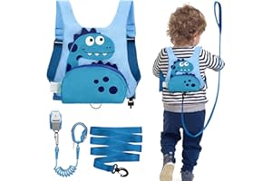Dr.meter Kinderleine, Mochila Antipérdida con Correa Giratoria de 1,2 m 360° para Niños 3 en 1 Diseño de Dinosaurio con Candado para Niños, Equipo de Seguridad para Exteriores (Azul)