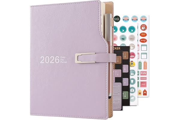 Agenda académique 2026 - Format A5 - Un jour par page - Avec autocollants calendrier - Avec porte-stylo et stylo - Papier épais de qualité supérieure - 14 x 21,5 cm - Violet