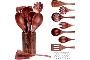 ONATISMAGIN Ensemble de cuillères en bois pour la cuisine, 16 pièces d'ustensiles de cuisine en bois de teck, batterie de cuisine antiadhésive en bois, cuillères et spatules en bois de teck naturel