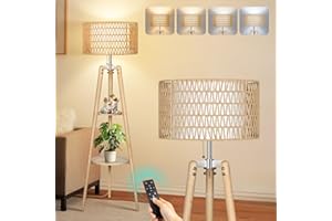 OUTON Ściemnialna lampa stojąca, drewniana lampa stojąca, 4 temperatury barwowe i funkcja pamięci, półka rattanowa z lnianym kloszem, do salonu i sypialni (drewno)