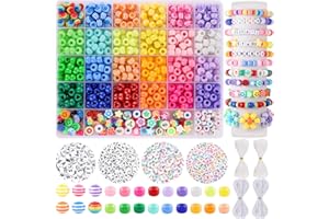 FUNTOPIA Perles Poney pour Enfants Filles, 1170 Pièces 18 Couleurs de Perles Colorées à Enfiler, Perles pour Bracelet 9 mm avec 460 Perles de Lettres, Perles Plate, Perles de Visage Souriant, Perles à Rayures