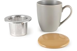 Hanseküche Tea Cup with Lid and Strainer - XXL Tea Mug 600 ml - Large Ceramic Tea Cup - Jumbo Cup - Cup with Lid, Ceramic, Tea Filter, Tea Strainer, Large (Grey, 600 ml)